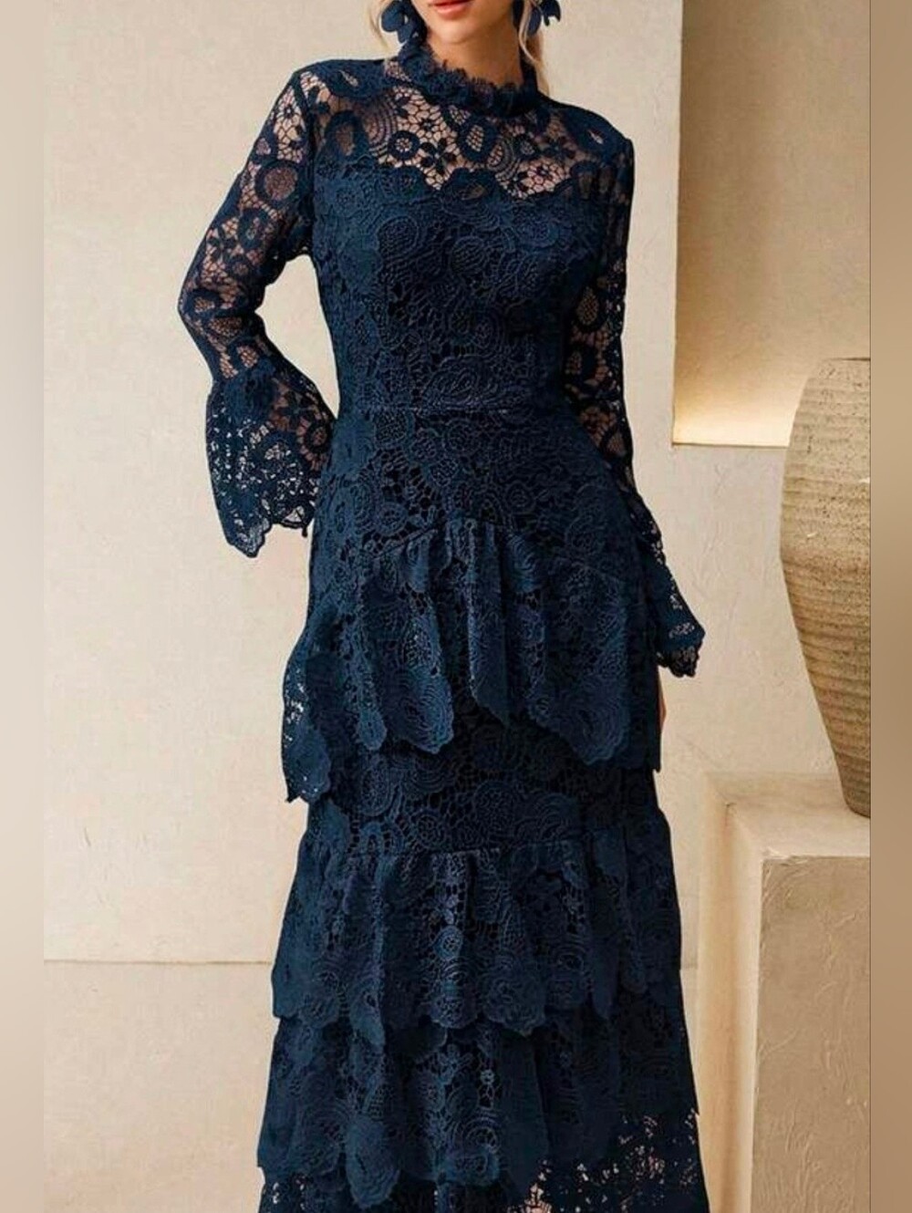 New Luxe Embroidered Sheer Floral Tiered Ruffle Maxi Dress Navy Blue - Picture 7 of 9